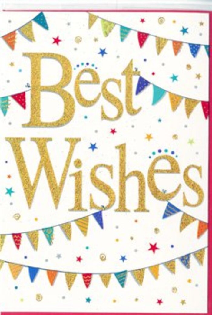 This "Best Wishes" card is pictured as if lying on a tidy counter in a North Finchley flower shop, its design glowing with the uncomplicated happiness of a well-earned celebration. In the centre, the phrase "Best Wishes" is written in sweeping golden letters, the script slightly embossed so it feels almost jewellery-like against the smooth white card. The gold finish has a fine glitter effect, catching glints of imaginary light the way fairy lights sparkle in windows along Ballards Lane on winter evenings. Around this radiant message, strands of bunting form broad, gentle curves near the top and bottom edges of the card. Each tiny flag is painted in a saturated hue-deep crimson, cobalt blue, grassy green, bright tangerine-and many are detailed with miniature patterns: thin diagonal stripes, playful polka dots, and mosaic-like shapes that give the impression of time and care in their design. Between these bunting garlands float tiny star shapes and round confetti dots, scattered in an irregular, organic way, as though they've just been thrown into the air at a party in a garden off North Finchley's quiet residential streets. The pure white background acts as a calm canvas, keeping the card from feeling busy and letting the colour and metallic shimmer breathe. The mood is upbeat and affectionate, suitable for celebrating good news big or small-a new flat, a new baby, exam success, or a long-awaited promotion. You can almost imagine this card slipped between the stems of a hand-tied bouquet, ready to be delivered nearby with flowers as bright and cheerful as the bunting that frames the message.